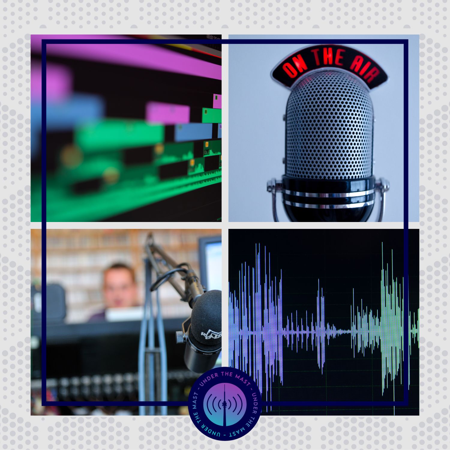A collage of four photos relating to radio - editing software, microphone, mixing desk, audio sound wave